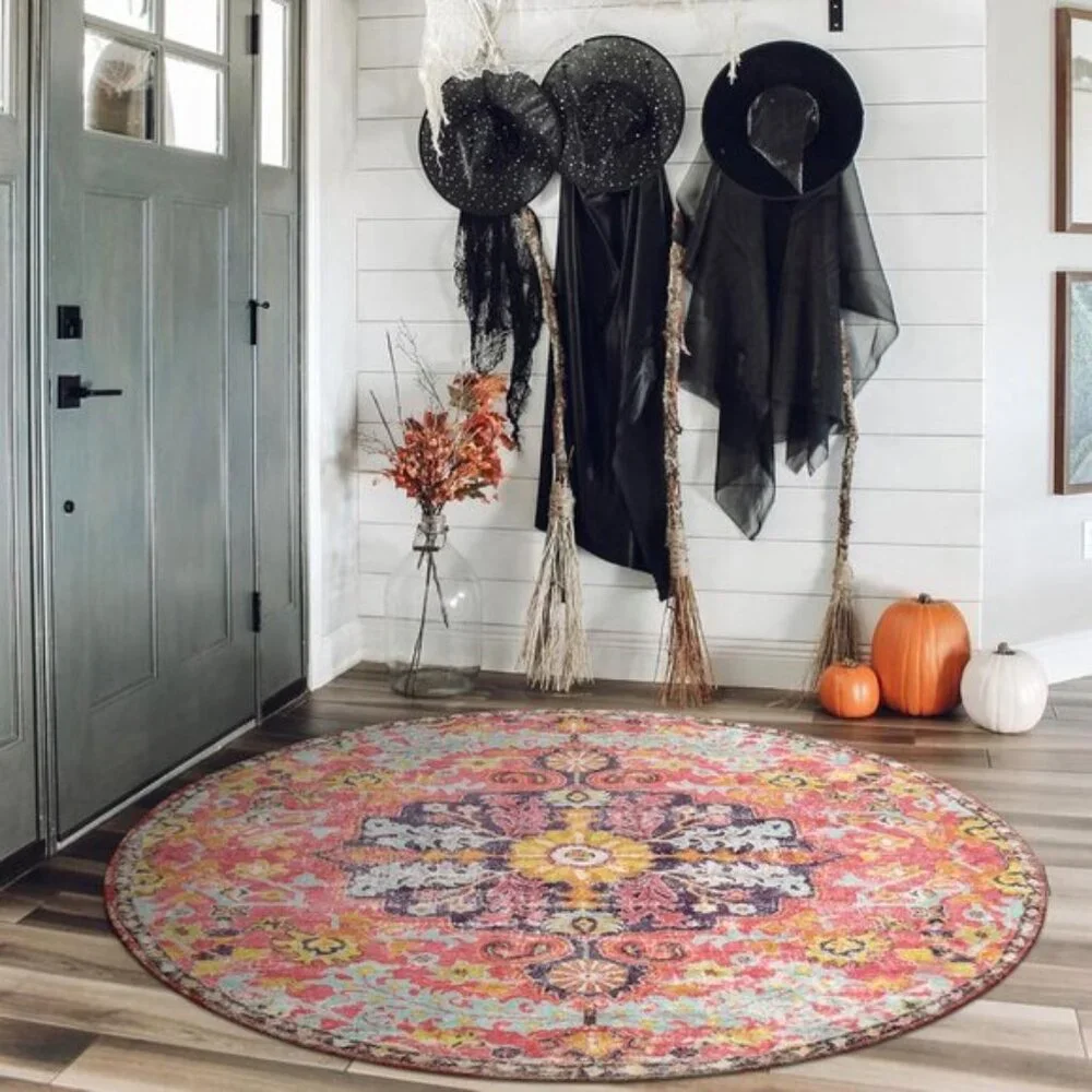New 4Ft Hot Pink Round Rug, Floral Washable Carpet for Any Indoor Space